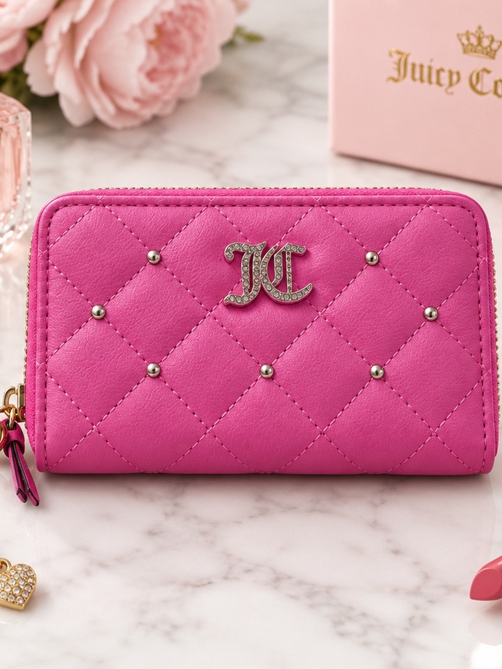 Juicy Couture Quilted Hot Pink Zip-Around Wallet with JC Logo